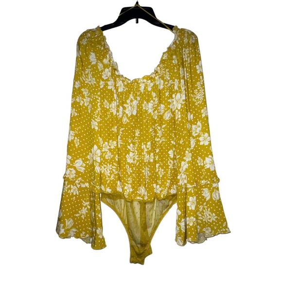 Free People One On One Date Bodysuit Marigold Combo Top Bell Sleeve MED - Picture 3 of 10